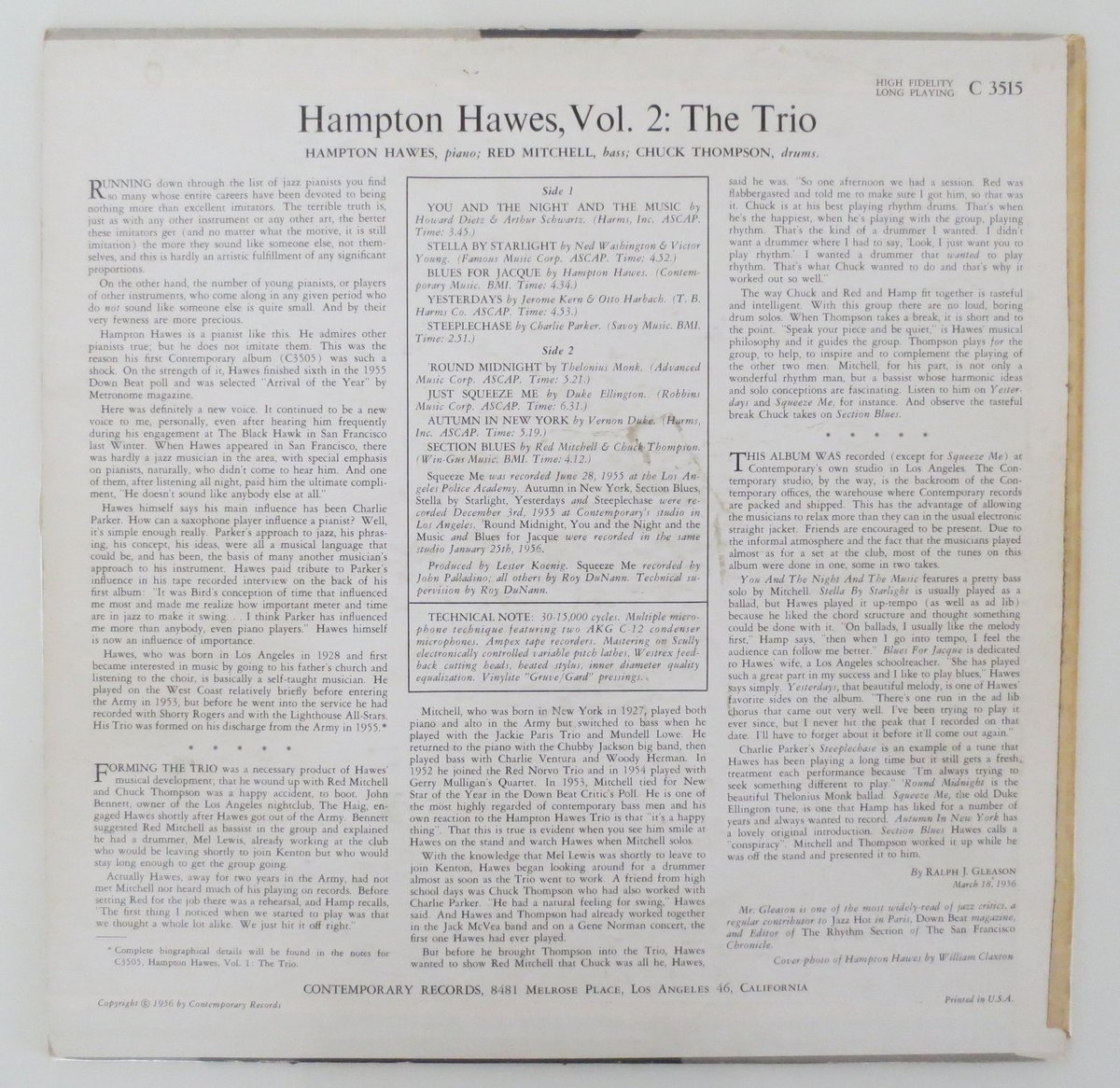 m*y様 Hampton Hawes Vol. 2 The Trio Hampton Hawes - This Is Hampton Hawes Vol. 2: The Trio / VG