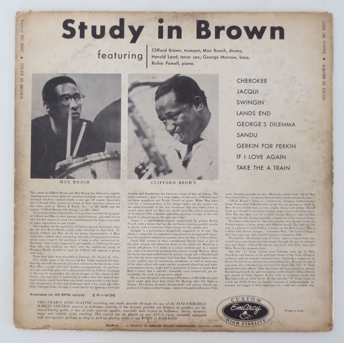 Clifford Brown And Max Roach ‎– Study In Brown（EmArcy ‎– MG 36037）mono