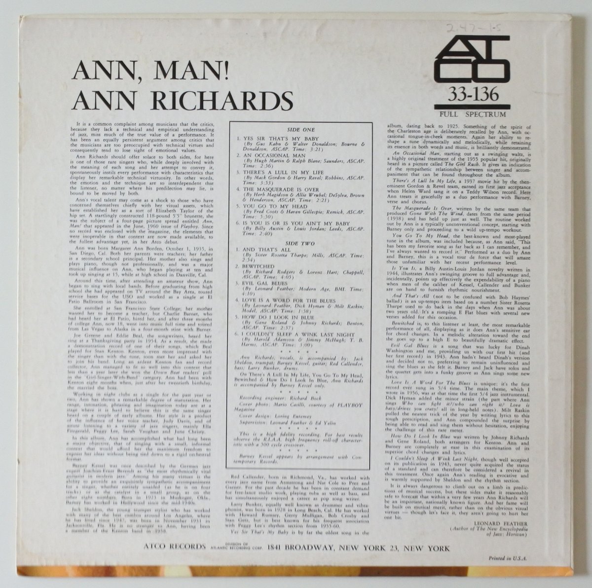 【希少　カナダ盤LP】ANN RICHARDS／Ann, Man ! Ann Richards – Ann, Man! – Vinyl (LP, Album + 2 more), 1961