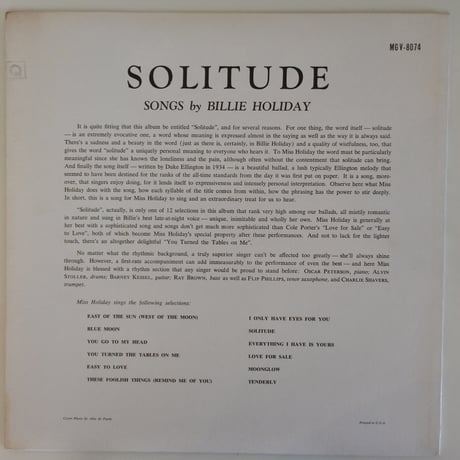 Billie Holiday ‎– Solitude (Verve Records ‎– MGV-8074) mono