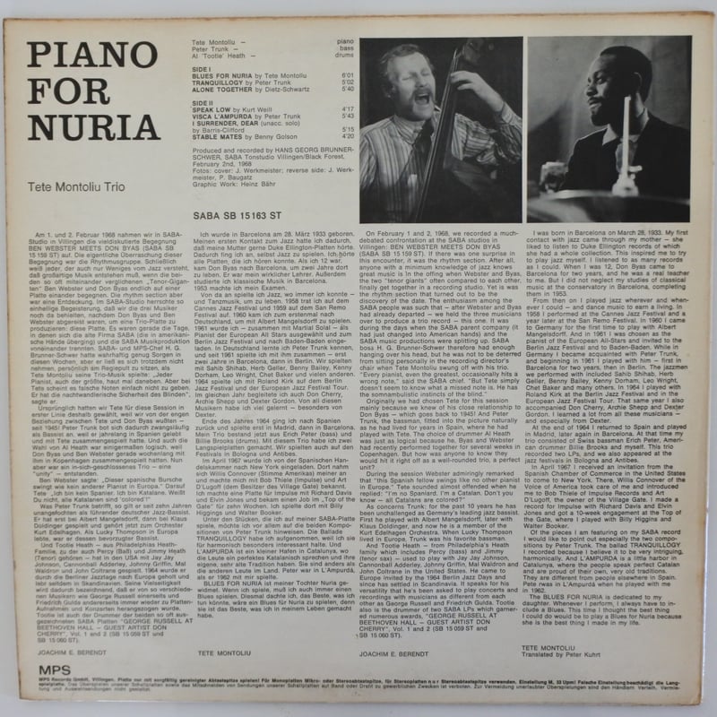 テテ・モントリュー　TETE MONTOLIU ピアノ・フォー・ヌリア　美品 芽瑠璃堂 ＞ テテ・モントリュー 『ピアノ・フォー・ヌリア