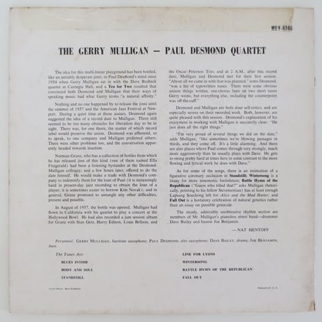 Gerry Mulligan - Paul Desmond Quartet ‎– Gerry Mulligan - Paul Desmond Quartet（Verve  MGV-8246）mono