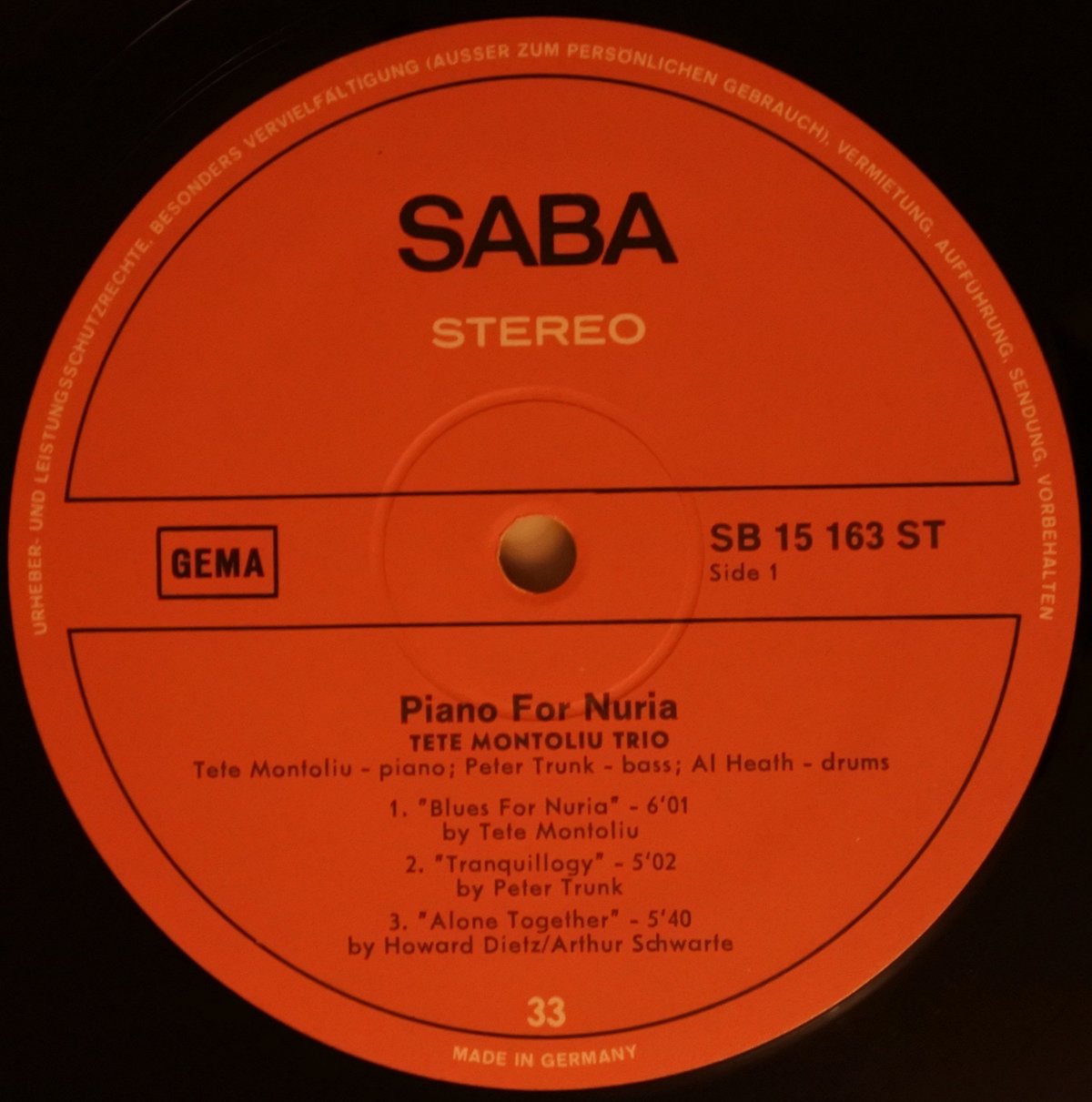 Tete Montoliu Trio ‎– Piano For Nuria（ SABA ‎–