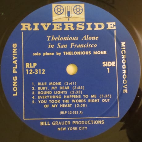 Thelonious Monk ‎– Thelonious Alone In San Francisco（Riverside Records ‎– RLP 12-312）mono