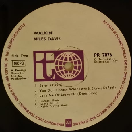 Miles Davis All Stars ‎– Walkin'（Transatlantic Records ‎– PR 7076）mono