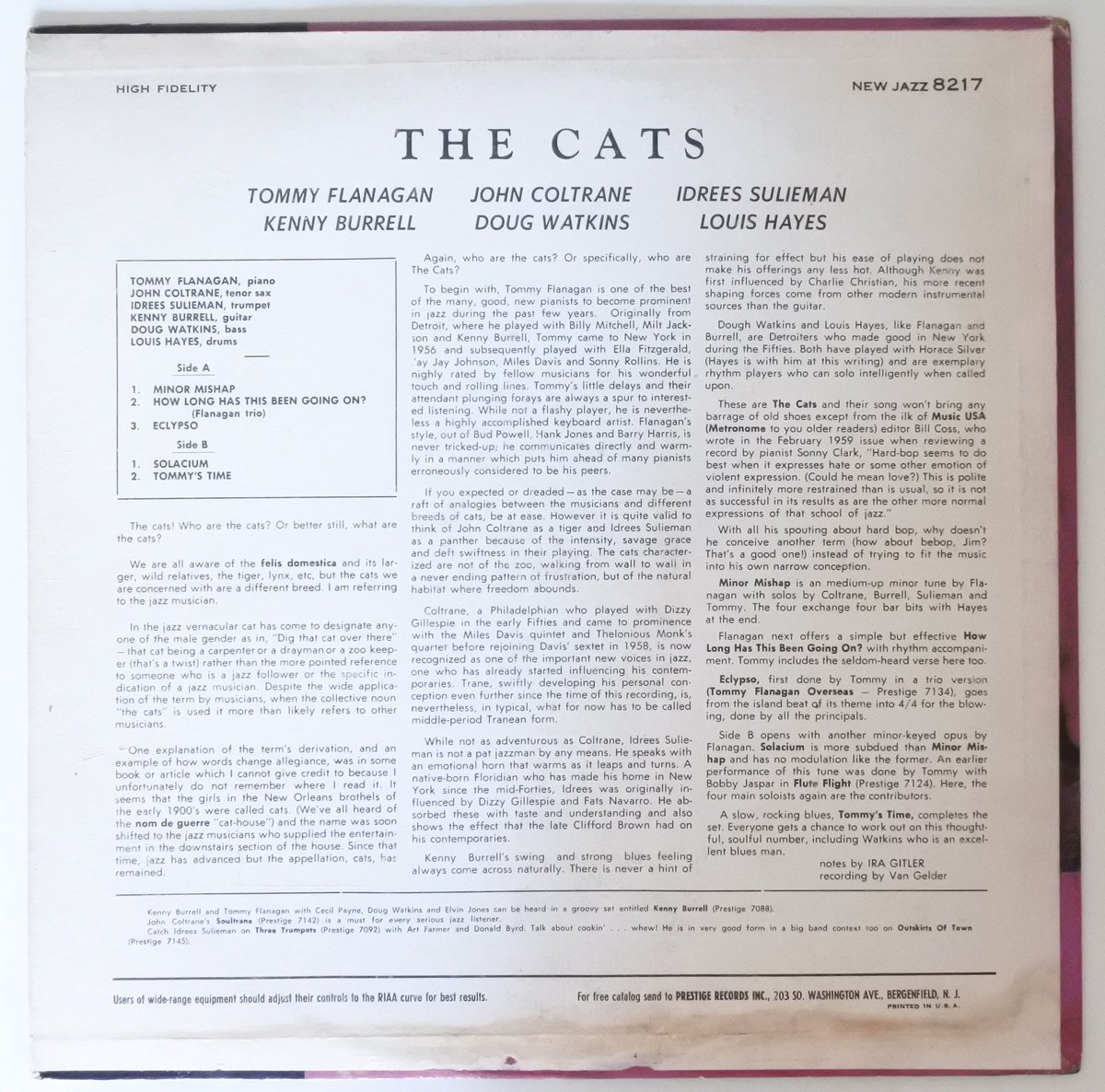 John Coltrane, Tommy Flanagan ‎– The Cats（New Jazz ‎– NJLP 8217）mono