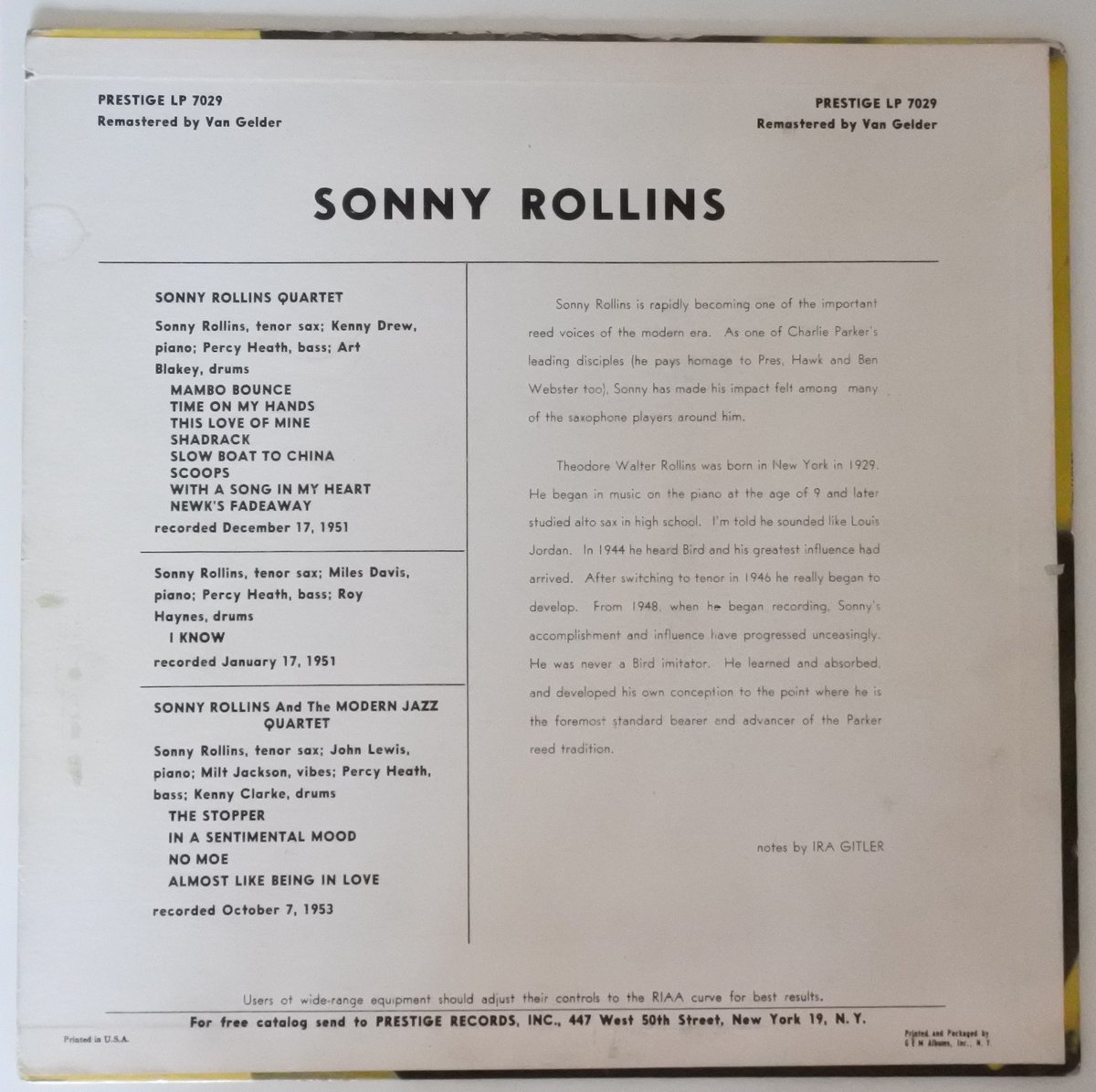 邦楽 Sonny Rollins Prestige LP 7029 Sonny Rollins With The Modern Jazz Quartet Featuring Art