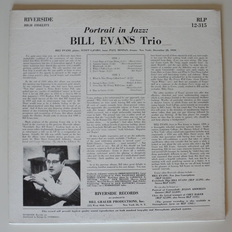 The Bill Evans Trio – Portrait In Jazz（Riversid
