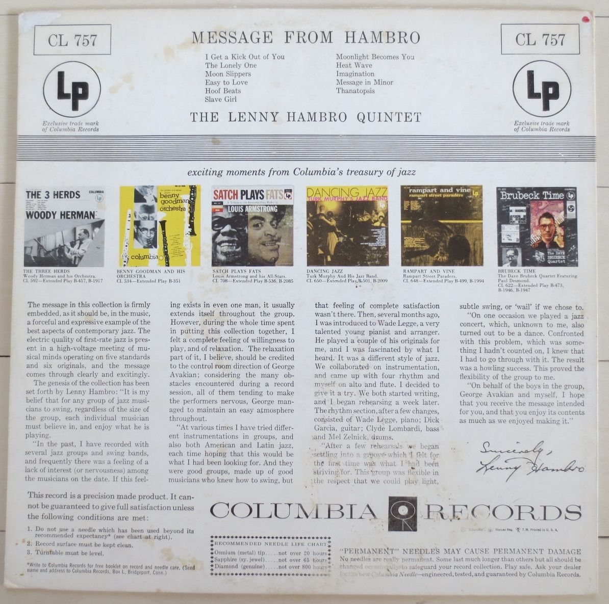 The Lenny Hambro Quintet ‎– Message From Hambro（Columbia ‎– CL 757）mono