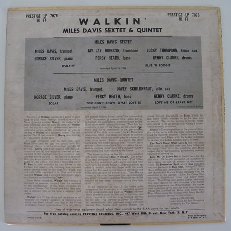 Miles Davis  ‎/ Walkin'  (Prestige 7076 ) mono