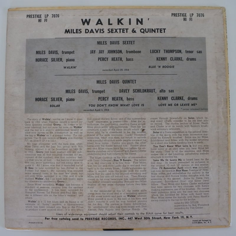 Miles Davis ‎/ Walkin' (Prestige 7076 ) mono