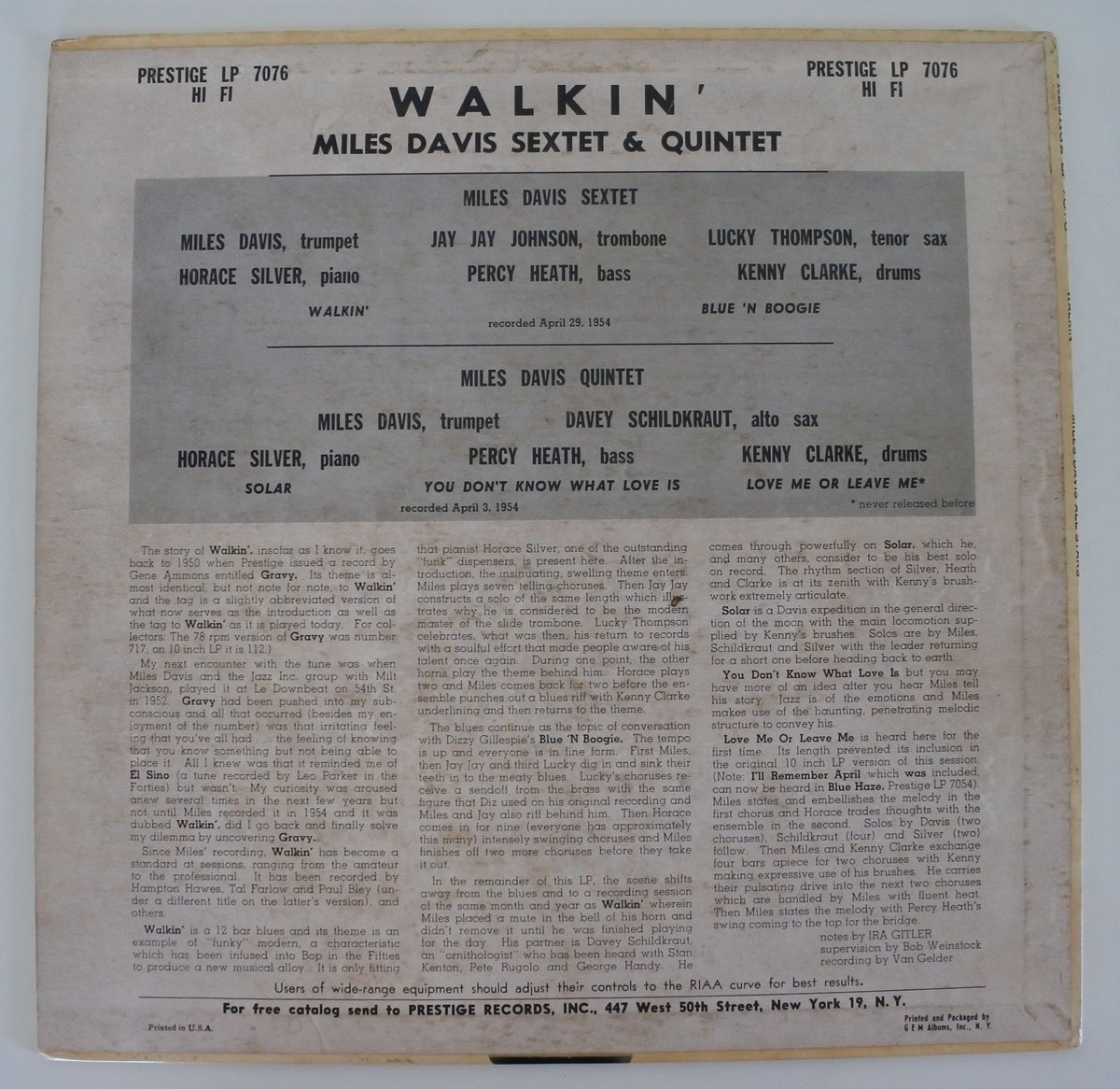 Miles Davis ‎/ Walkin' (Prestige 7076 ) mono