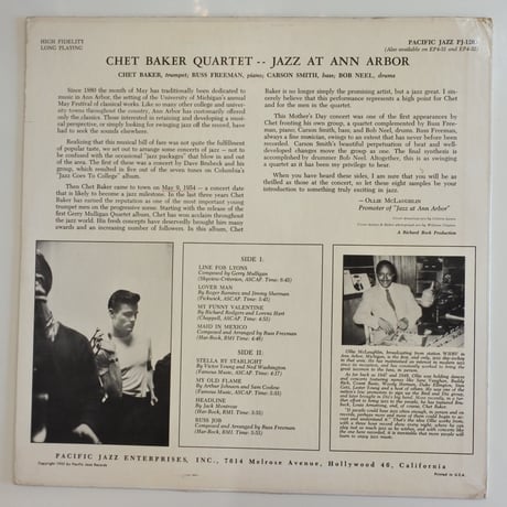Chet Baker Quartet  ‎– Jazz At Ann Arbor（Pacific Jazz ‎– PJ 1203 ）mono
