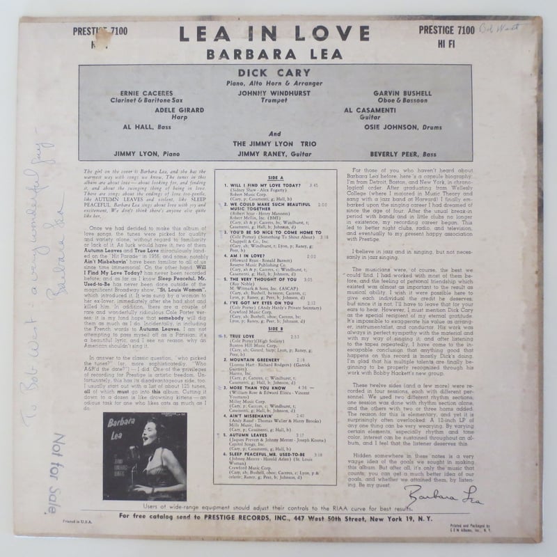 Barbara Lea - Lea In Love（Prestige - 7100）mono