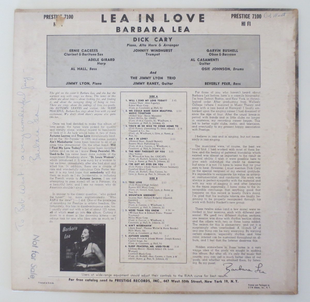 Barbara Lea - Lea In Love（Prestige - 7100）mono