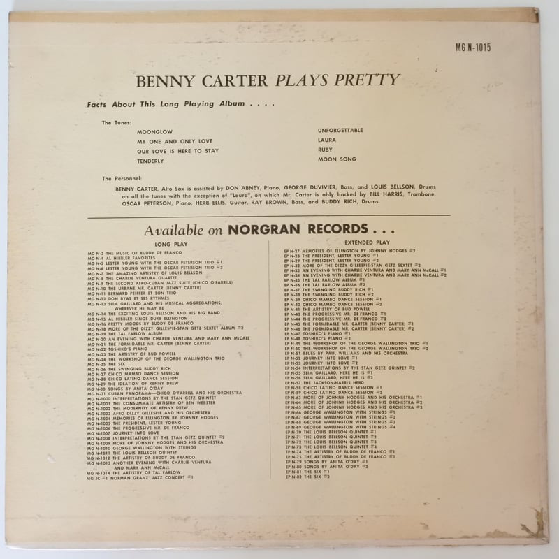 Benny Carter ‎– Plays Pretty（Norgran Records ‎