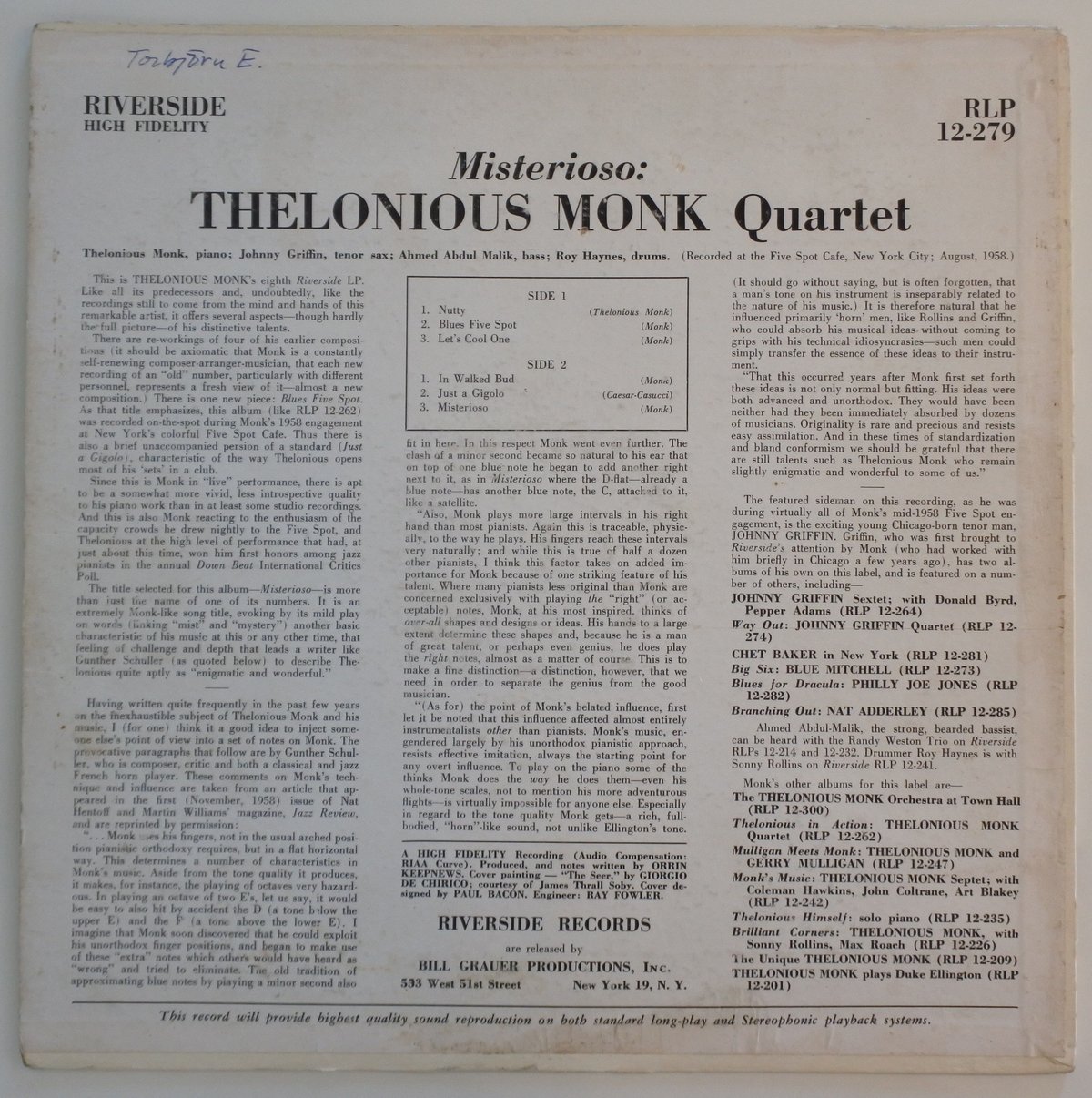 Thelonious Monk Quartet ‎– Misterioso（Riverside Records ‎– RLP 12-279）mono