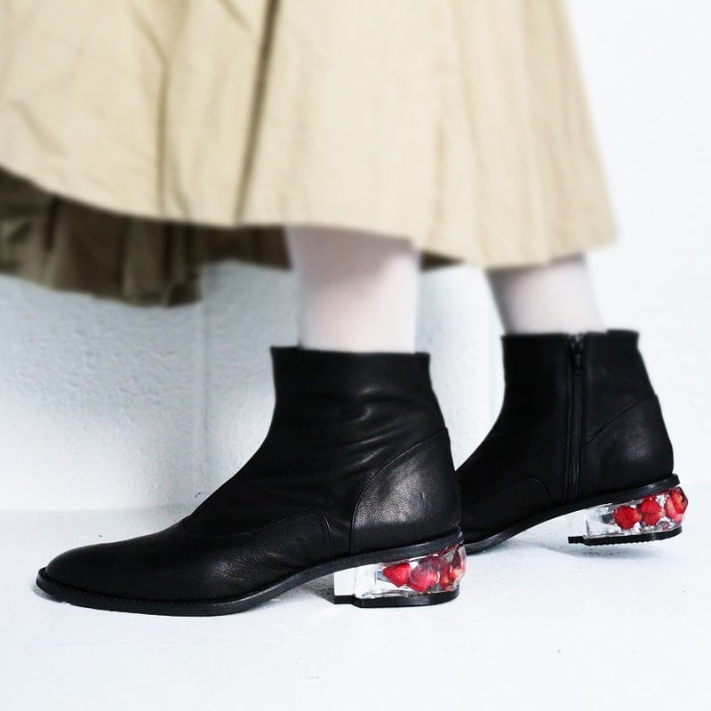 予約商品 選べるヒールのブーツ⑧ Black x 赤いバラの花びら