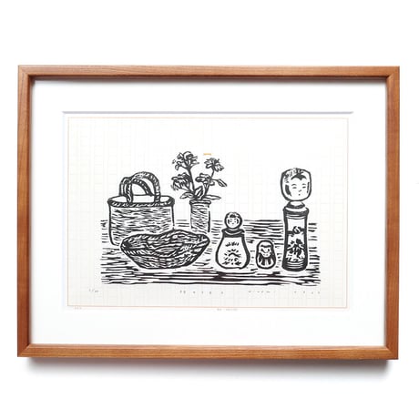 平岡瞳　木版画「旅のメモ 2」
