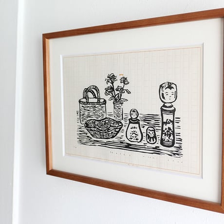 平岡瞳　木版画「旅のメモ 2」