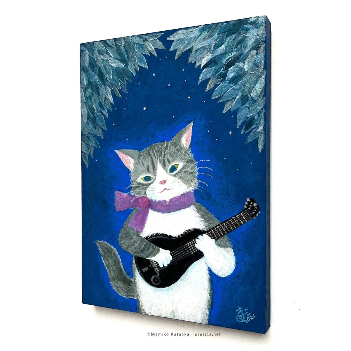 5年前に12弦ミニギターを買い、頼んでネコの絵を描いてもらい部屋に飾っていた物 5年前に12弦ミニギターを買い、頼んでネコの絵を