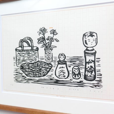 平岡瞳　木版画「旅のメモ 2」