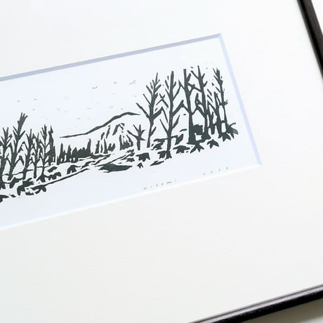 平岡瞳　木版画「山が見える風景」