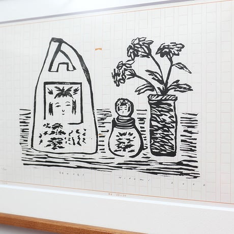 平岡瞳　木版画「旅のメモ 1」