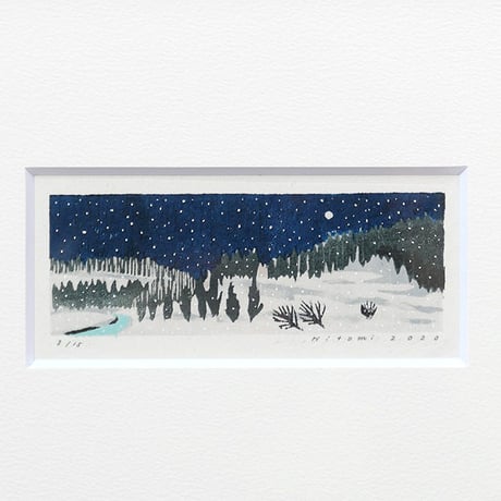平岡瞳　木版画「夜の雪山」