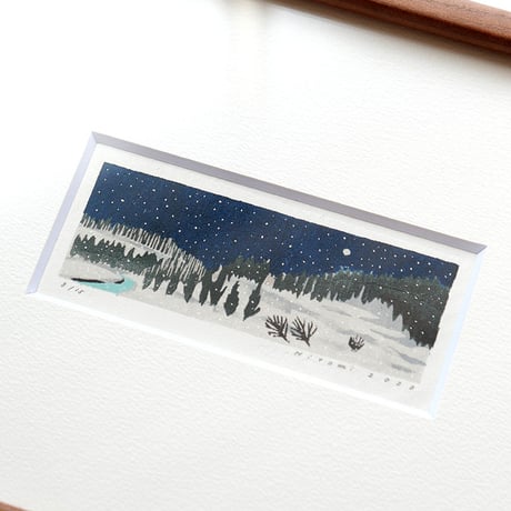 平岡瞳　木版画「夜の雪山」