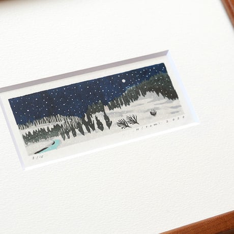 平岡瞳　木版画「夜の雪山」