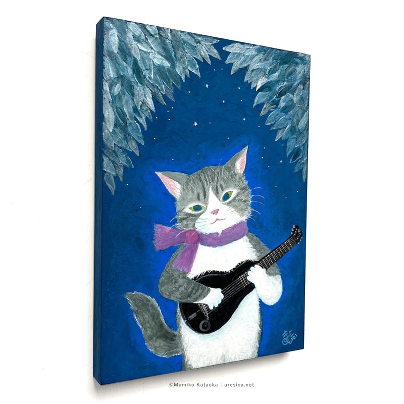 自作絵画　猫マダム、オカリナの音をもとめて、満月と海のギター弾き　3枚セット 自作絵画 猫マダム、オカリナの音をもとめて、満月と海のギター弾き