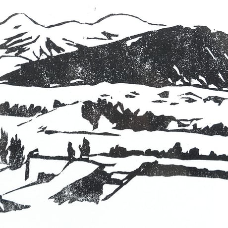 平岡瞳　木版画「温泉地」