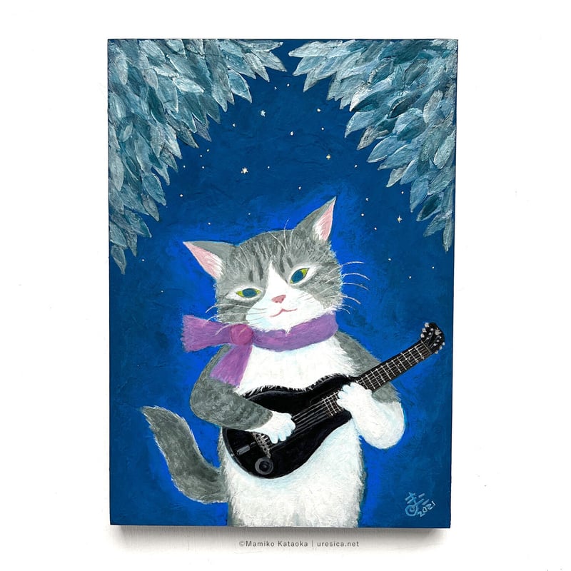 5年前に12弦ミニギターを買い、頼んでネコの絵を描いてもらい部屋に飾っていた物 5年前に12弦ミニギターを買い、頼んでネコの絵を