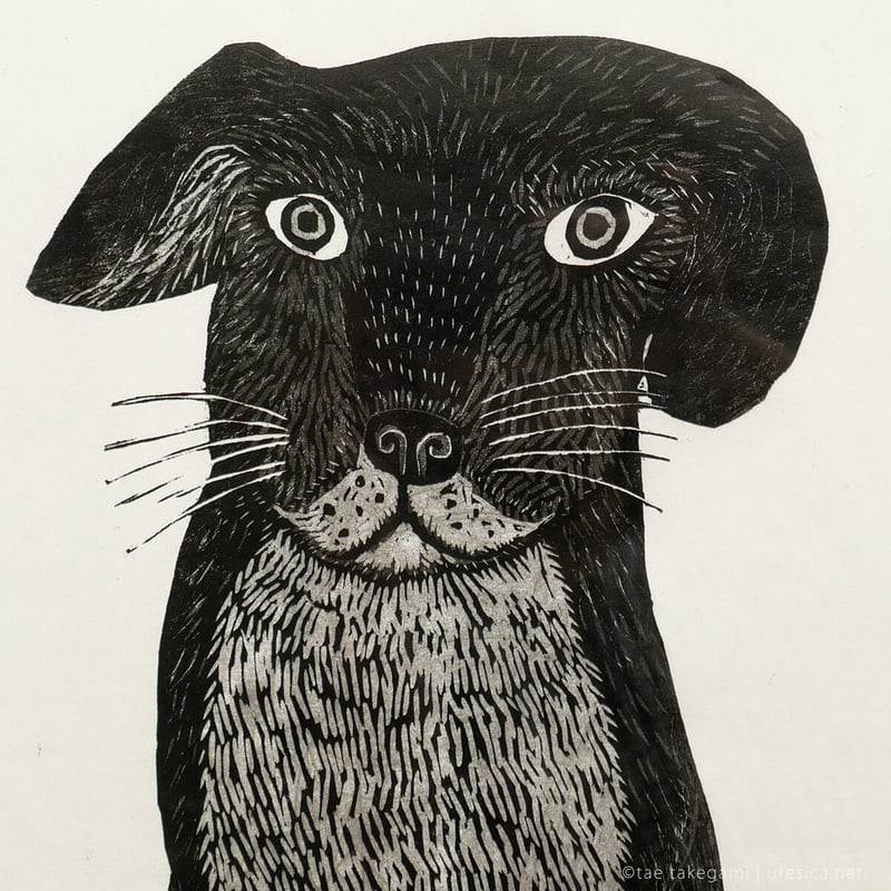 竹上妙 木版画「きいてる」 | URESICA