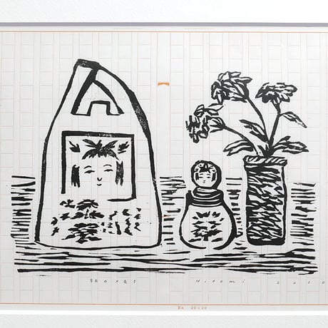 平岡瞳　木版画「旅のメモ 1」