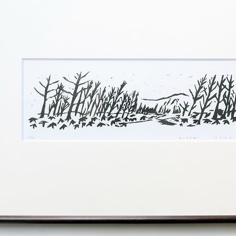 平岡瞳　木版画「山が見える風景」