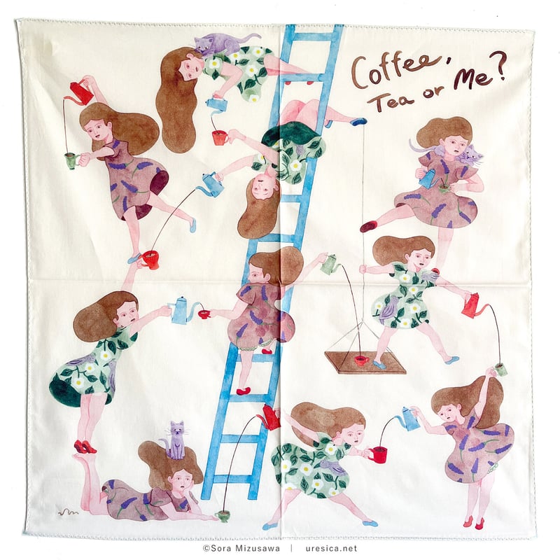 オーダーページ　ハンカチ541女の子柄ハンドメイド3/15　そら様パネル 水沢そら ハンカチ「Coffee, Tea or Me」 | URESICA