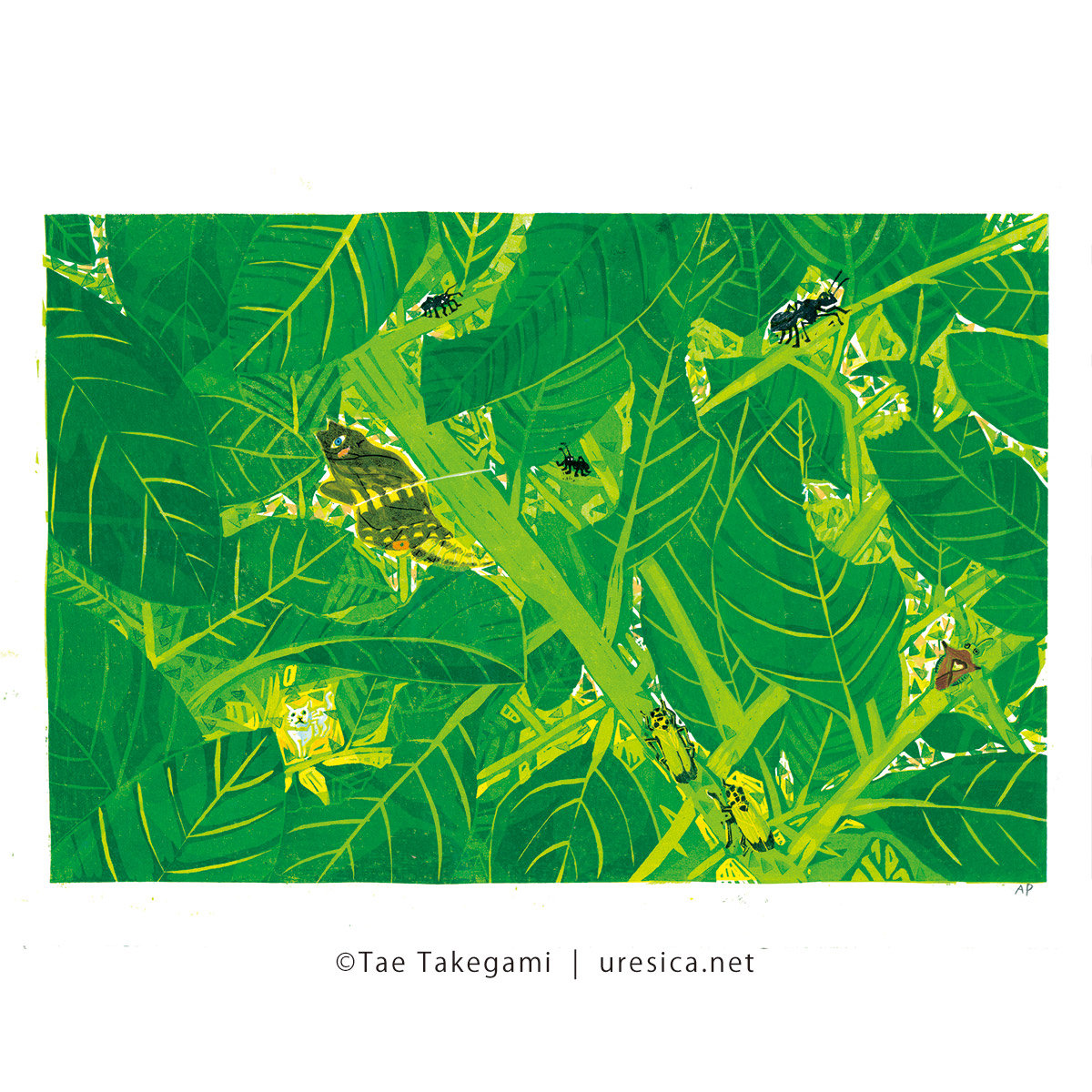 木版画『Green green』 竹上妙 木版画「どきどきしてる」さなぎ | URESICA