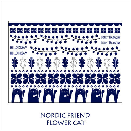 【単品】NORDIC FRIEND転写紙★フラワー＆キャット★ネイビー