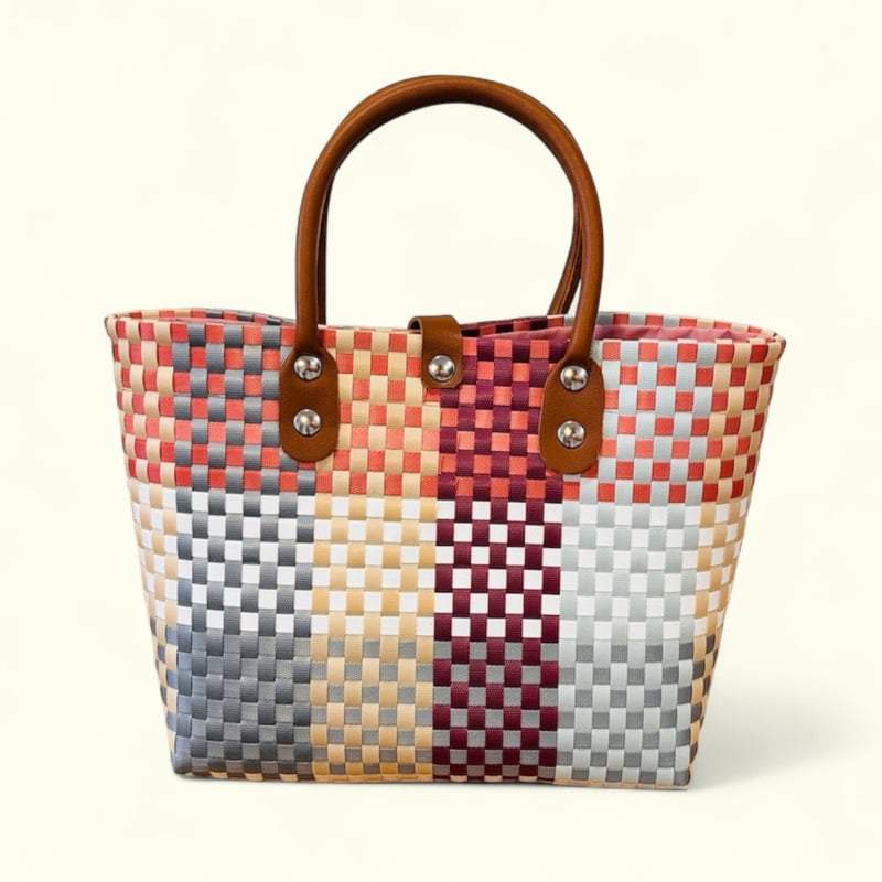 カラフルチェック柄かごバッグ マルチチェック M ピンクブルー 2WAYプラカゴバッグ スパバッグ