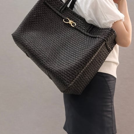 大人可愛いカゴバッグ　Noble tote ノーブルトート　ブラック　L