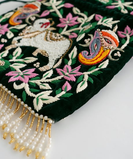 【インド雑貨】インドモチーフビーズ刺繍巾着バッグ /green