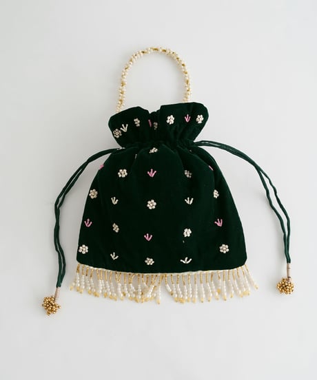 【インド雑貨】インドモチーフビーズ刺繍巾着バッグ /green