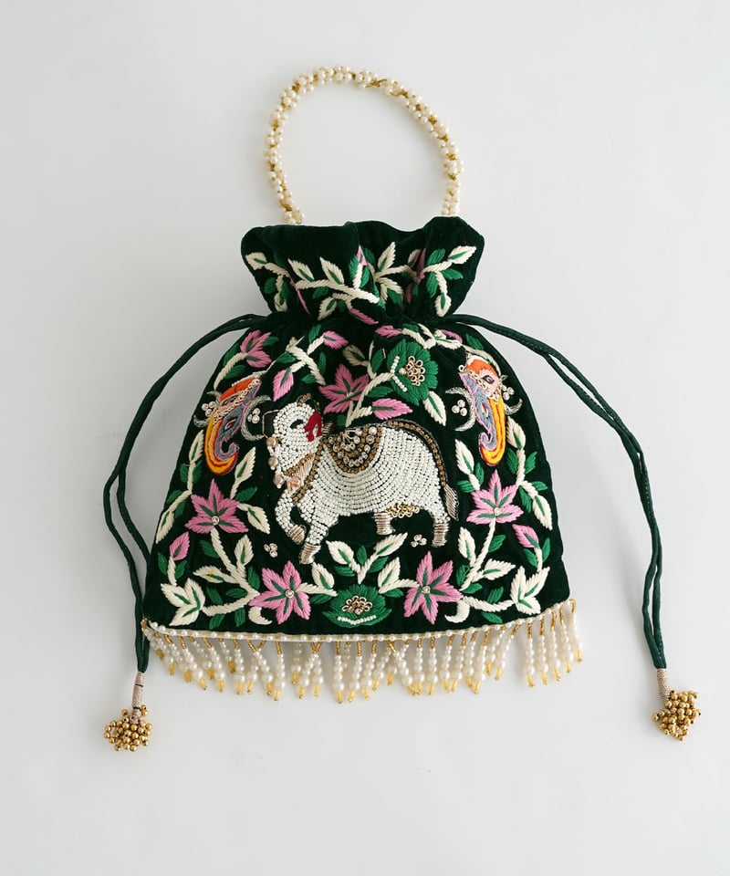 m*様 moro 巾着バッグ グリーン Mサイズ インド刺繍 M】インド