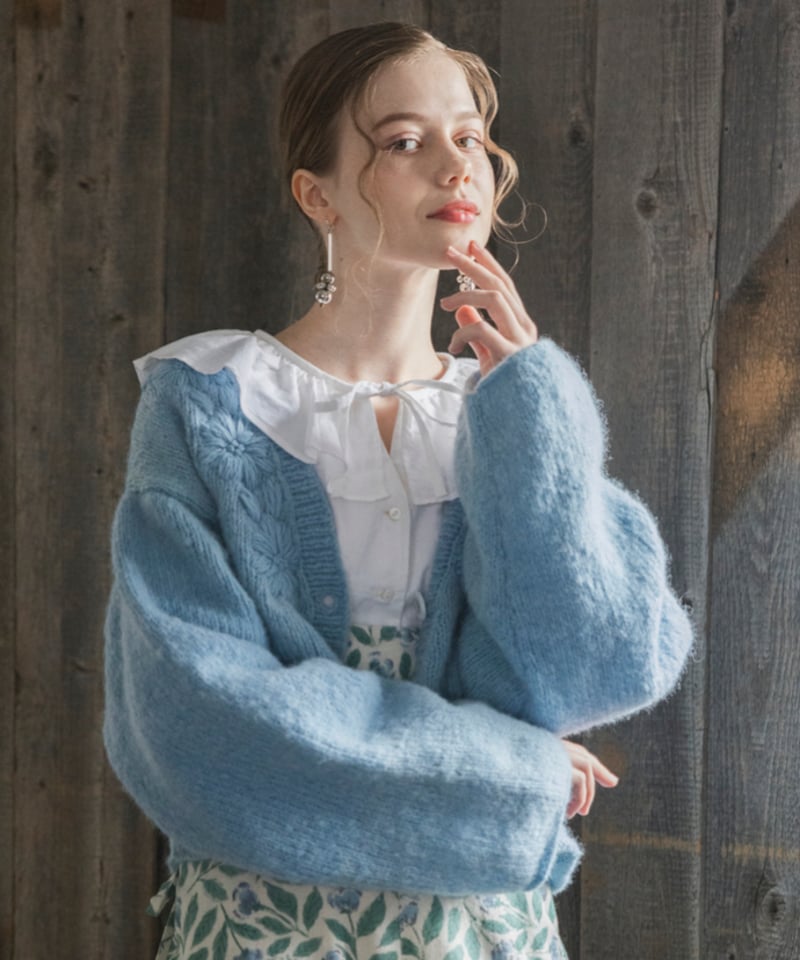 ネパールハンドメイドニット】手編みフラワーモチーフカーディガン