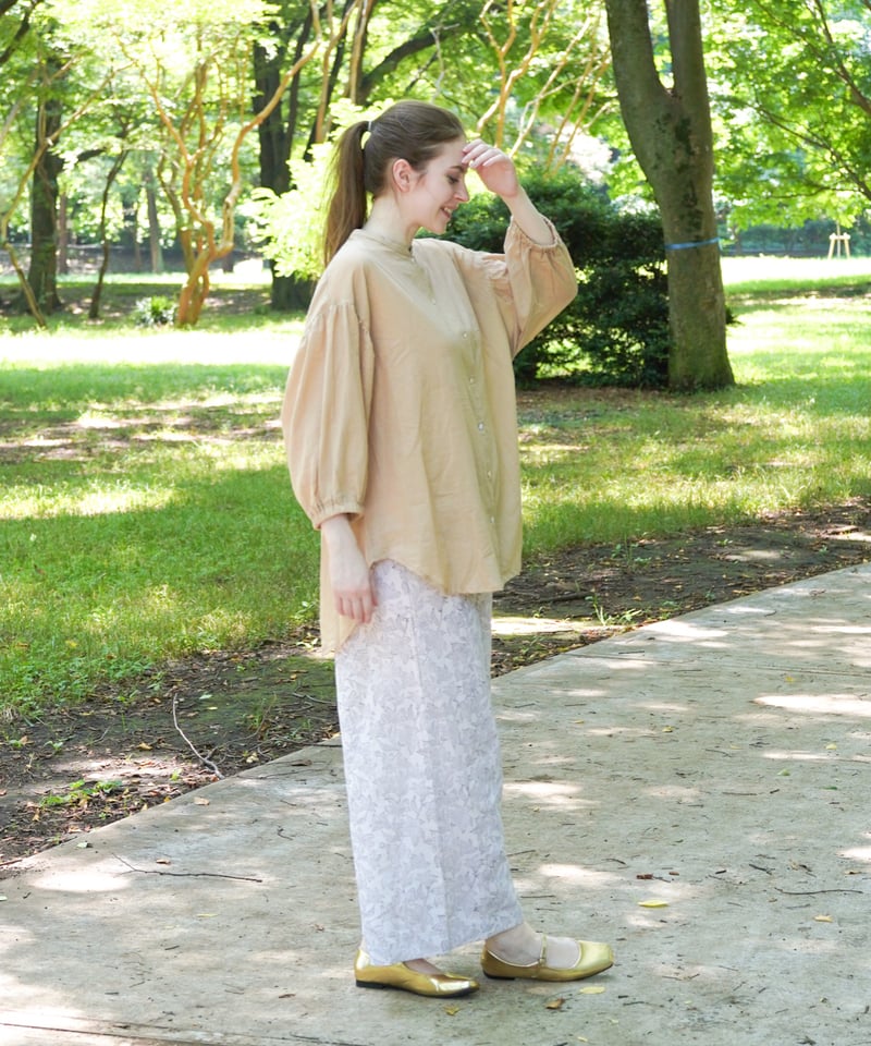 【美品】カプワ kapuwa 手織りモスリンギャザーチュニック ブラウス 黄緑 モスリンカディオーバーブラウス | kapuwa