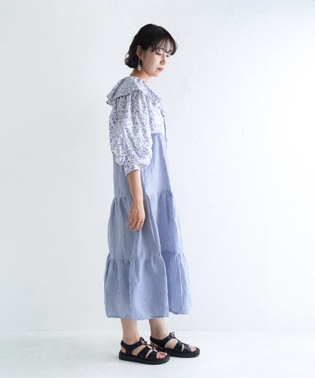 コットンリネン先染めストライプワンピース