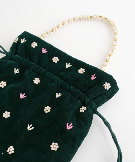 【インド雑貨】インドモチーフビーズ刺繍巾着バッグ /green