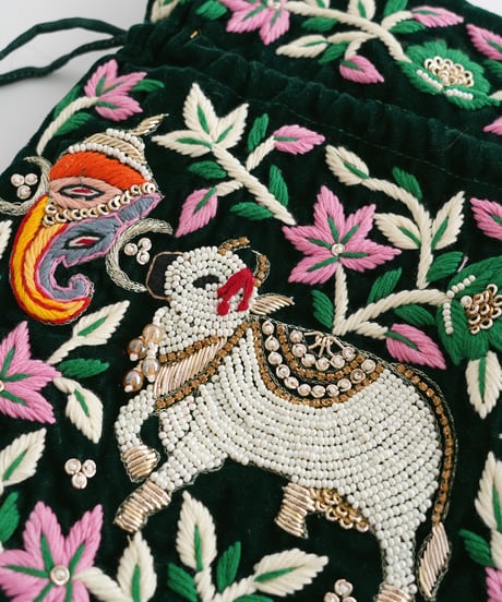 【インド雑貨】インドモチーフビーズ刺繍巾着バッグ /green